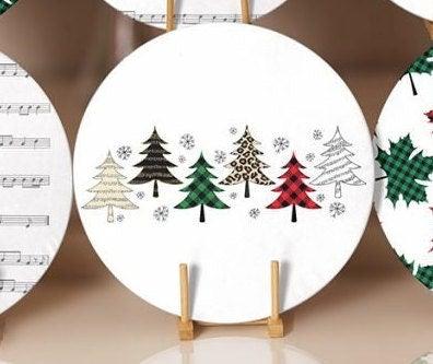 Christmas Placemat|Set of 6 Xmas Supla Table Mat|Red Green Checkered Xmas Bell Round Dining Underplate|Checkered Pine Tree and Leaf Coasters