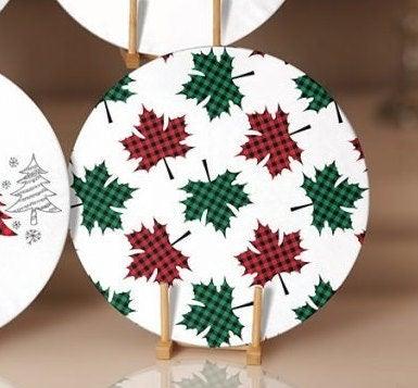 Christmas Placemat|Set of 6 Xmas Supla Table Mat|Red Green Checkered Xmas Bell Round Dining Underplate|Checkered Pine Tree and Leaf Coasters