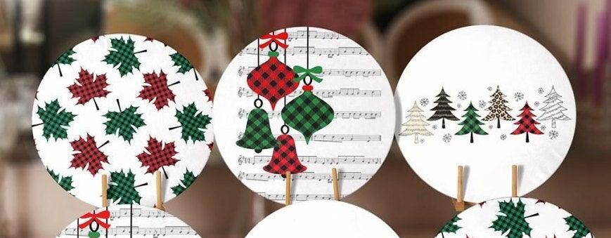 Christmas Placemat|Set of 6 Xmas Supla Table Mat|Red Green Checkered Xmas Bell Round Dining Underplate|Checkered Pine Tree and Leaf Coasters