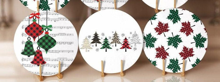 Christmas Placemat|Set of 6 Xmas Supla Table Mat|Red Green Checkered Xmas Bell Round Dining Underplate|Checkered Pine Tree and Leaf Coasters