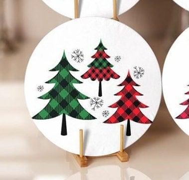 Christmas Placemat|Set of 6 Xmas Supla Table Mat|Red Green Checkered Xmas Tree Round Dining Underplate|Cheetah Patterned Xmas Deer Coasters