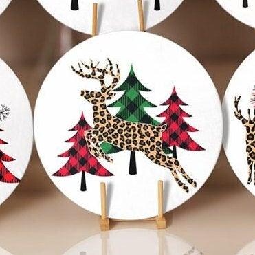 Christmas Placemat|Set of 6 Xmas Supla Table Mat|Red Green Checkered Xmas Tree Round Dining Underplate|Cheetah Patterned Xmas Deer Coasters