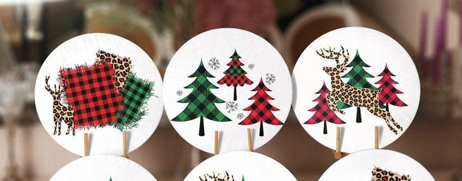 Christmas Placemat|Set of 6 Xmas Supla Table Mat|Red Green Checkered Xmas Tree Round Dining Underplate|Cheetah Patterned Xmas Deer Coasters