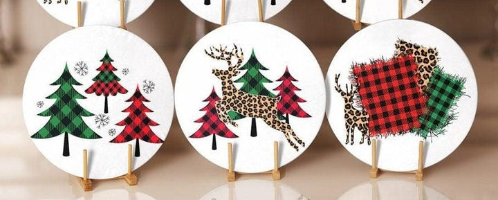 Christmas Placemat|Set of 6 Xmas Supla Table Mat|Red Green Checkered Xmas Tree Round Dining Underplate|Cheetah Patterned Xmas Deer Coasters