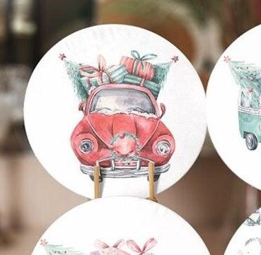 Christmas Placemat|Set of 6 Xmas Supla Table Mat|Xmas Tree Carrying Red Car Round Dining Underplate|Green Van and Xmas Tree Print Coasters