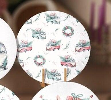 Christmas Placemat|Set of 6 Xmas Supla Table Mat|Xmas Tree Carrying Red Car Round Dining Underplate|Green Van and Xmas Tree Print Coasters