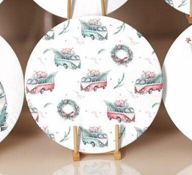 Christmas Placemat|Set of 6 Xmas Supla Table Mat|Xmas Tree Carrying Red Car Round Dining Underplate|Green Van and Xmas Tree Print Coasters