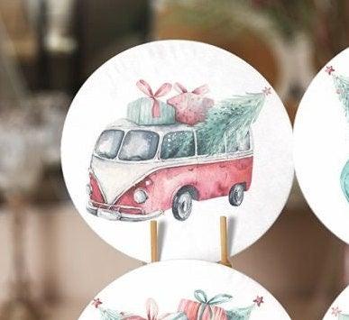 Christmas Placemat|Set of 6 Xmas Supla Table Mat|Xmas Tree Carrying Van and Car Round Dining Underplate|Van and Xmas Gift Box Print Coasters