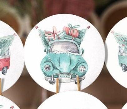 Christmas Placemat|Set of 6 Xmas Supla Table Mat|Xmas Tree Carrying Van and Car Round Dining Underplate|Van and Xmas Gift Box Print Coasters