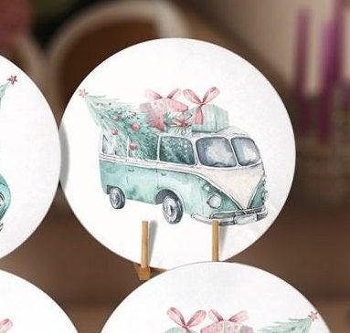 Christmas Placemat|Set of 6 Xmas Supla Table Mat|Xmas Tree Carrying Van and Car Round Dining Underplate|Van and Xmas Gift Box Print Coasters