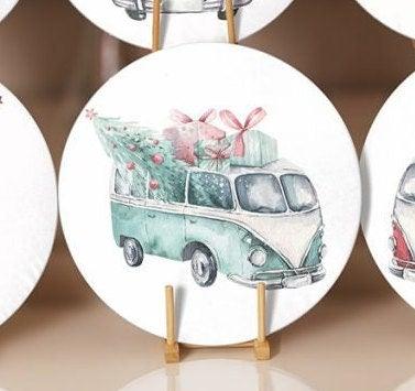 Christmas Placemat|Set of 6 Xmas Supla Table Mat|Xmas Tree Carrying Van and Car Round Dining Underplate|Van and Xmas Gift Box Print Coasters