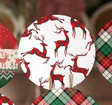 Christmas Placemat|Set of 6 Xmas Supla Table Mat|Red Green Checkered Xmas Deer Round Dining Underplate|Plaid Patterned Xmas/Winter Coasters