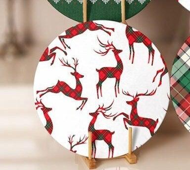 Christmas Placemat|Set of 6 Xmas Supla Table Mat|Red Green Checkered Xmas Deer Round Dining Underplate|Plaid Patterned Xmas/Winter Coasters