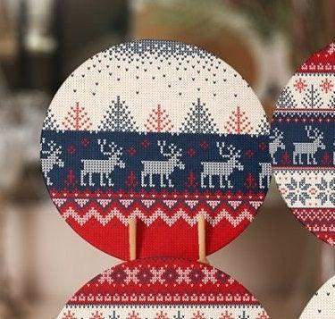 Christmas Placemat|Set of 6 Xmas Supla Table Mat|Red Blue Winter Trend Round Dining Underplate|Special Design Gray Xmas Deer, Tree Coasters