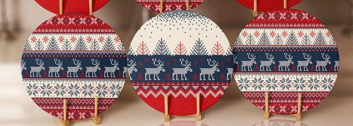 Christmas Placemat|Set of 6 Xmas Supla Table Mat|Red Blue Winter Trend Round Dining Underplate|Special Design Gray Xmas Deer, Tree Coasters