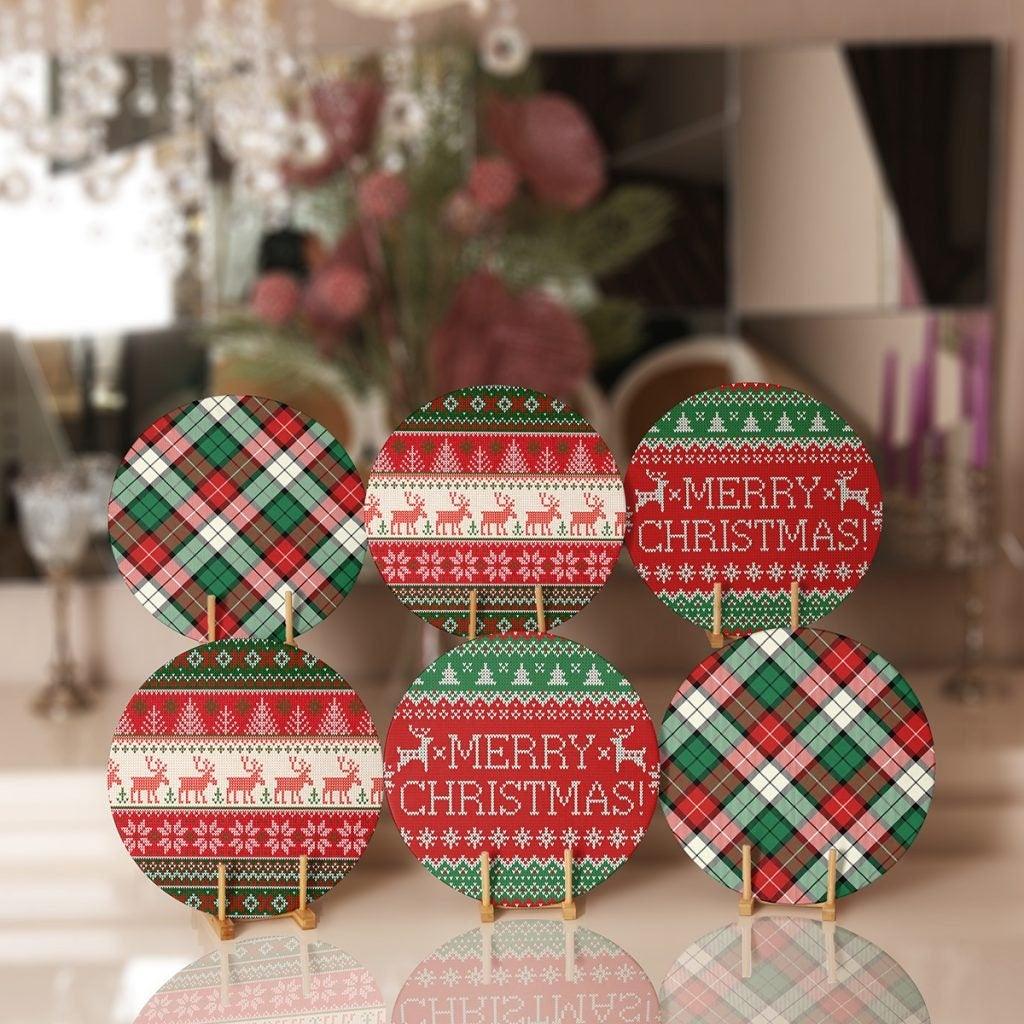 Christmas Placemat|Set of 6 Xmas Supla Table Mat|Red Green Plaid Merry Xmas Round Dining Underplate|Xmas Deer and Pine Tree Winter Coasters