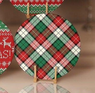 Christmas Placemat|Set of 6 Xmas Supla Table Mat|Red Green Plaid Merry Xmas Round Dining Underplate|Xmas Deer and Pine Tree Winter Coasters