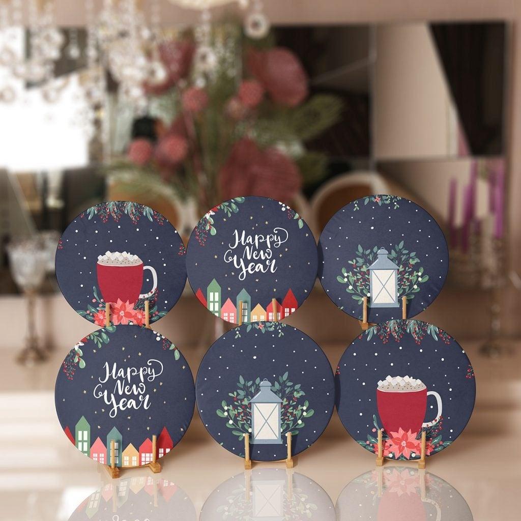 Christmas Placemat|Set of 6 Xmas Supla Table Mat|Happy New Year Round Dining Underplate|Coffee Cup, Red Berry, House, Lantern Print Coasters