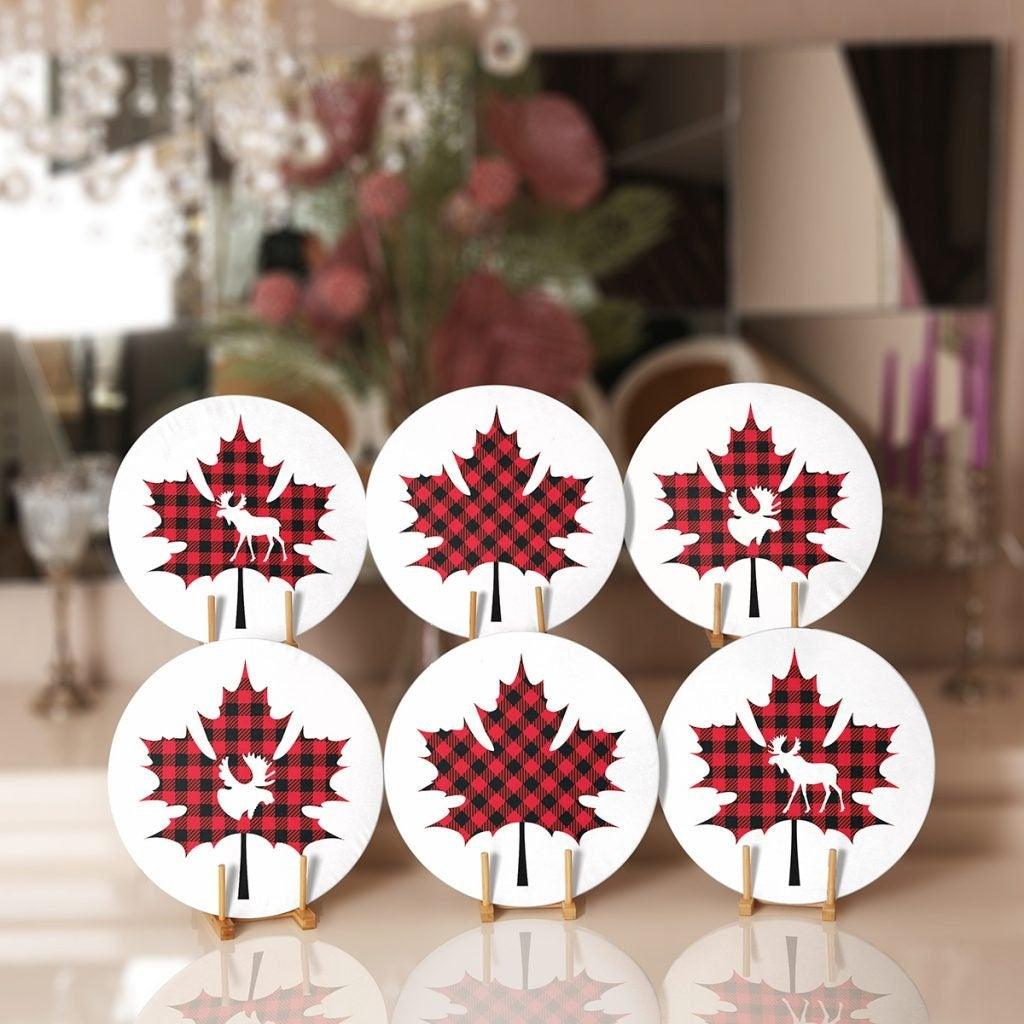 Christmas Placemat|Set of 6 Xmas Supla Table Mat|Red Black Checkered Leaf with Deer Round Dining Underplate|Buffalo Check Leaf, Deer Coaster