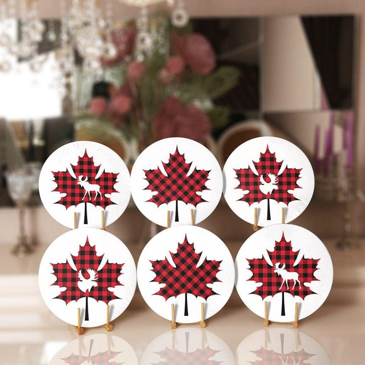 Christmas Placemat|Set of 6 Xmas Supla Table Mat|Red Black Checkered Leaf with Deer Round Dining Underplate|Buffalo Check Leaf, Deer Coaster