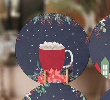 Christmas Placemat|Set of 6 Xmas Supla Table Mat|Happy New Year Round Dining Underplate|Coffee Cup, Red Berry, House, Lantern Print Coasters