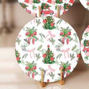 Christmas Placemat|Set of 6 Xmas Supla Table Mat|Decorated Xmas Tree Carrying Red Car Round Dining Underplate|Floral Xmas Bell Print Coaster