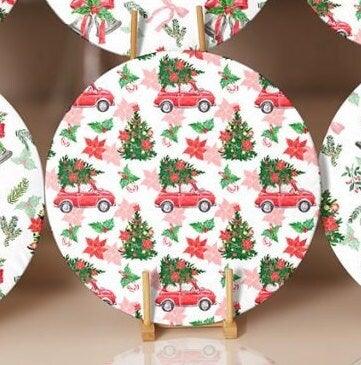 Christmas Placemat|Set of 6 Xmas Supla Table Mat|Decorated Xmas Tree Carrying Red Car Round Dining Underplate|Floral Xmas Bell Print Coaster