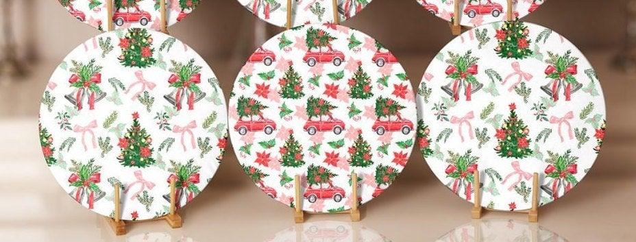 Christmas Placemat|Set of 6 Xmas Supla Table Mat|Decorated Xmas Tree Carrying Red Car Round Dining Underplate|Floral Xmas Bell Print Coaster