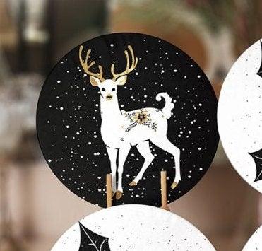 Christmas Placemat|Set of 6 Xmas Supla Table Mat|Floral White Gold Deer Round Dining Underplate|Gold Color Berry Print Winter Coaster Set