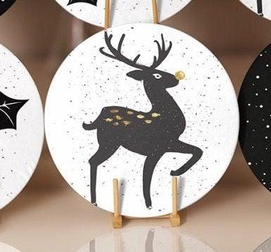 Christmas Placemat|Set of 6 Xmas Supla Table Mat|Floral White Gold Deer Round Dining Underplate|Gold Color Berry Print Winter Coaster Set