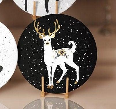 Christmas Placemat|Set of 6 Xmas Supla Table Mat|Floral White Gold Deer Round Dining Underplate|Gold Color Berry Print Winter Coaster Set