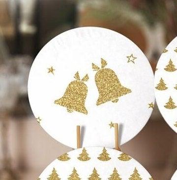 Christmas Placemat|Set of 6 Xmas Supla Table Mat|Gold White Xmas Bell and Snowflake Round Dining Underplate|Pine Tree Print Winter Coasters