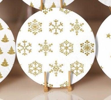 Christmas Placemat|Set of 6 Xmas Supla Table Mat|Gold White Xmas Bell and Snowflake Round Dining Underplate|Pine Tree Print Winter Coasters