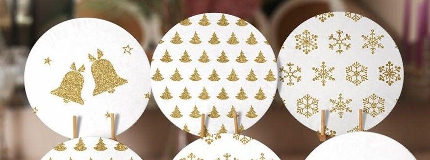 Christmas Placemat|Set of 6 Xmas Supla Table Mat|Gold White Xmas Bell and Snowflake Round Dining Underplate|Pine Tree Print Winter Coasters