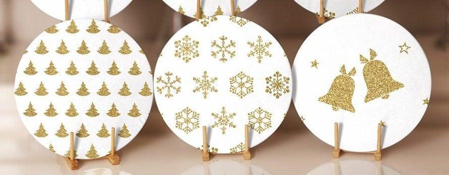 Christmas Placemat|Set of 6 Xmas Supla Table Mat|Gold White Xmas Bell and Snowflake Round Dining Underplate|Pine Tree Print Winter Coasters