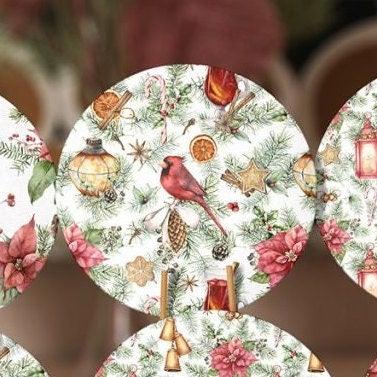 Christmas Placemat|Set of 6 Xmas Supla Table Mat|Red Poinsettia Round Dining Underplate|Cardinal Bird, Pine Cone, Pine Tree Needles Coaster