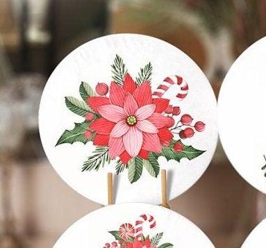 Christmas Placemat|Set of 6 Xmas Supla Table Mat|Red Poinsettia Round Dining Underplate|Floral Xmas Bell and Xmas Socks Winter Coasters Set