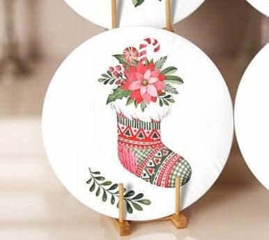 Christmas Placemat|Set of 6 Xmas Supla Table Mat|Red Poinsettia Round Dining Underplate|Floral Xmas Bell and Xmas Socks Winter Coasters Set