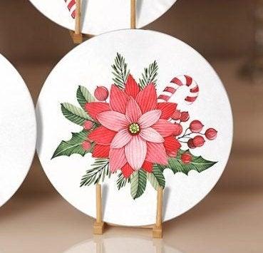 Christmas Placemat|Set of 6 Xmas Supla Table Mat|Red Poinsettia Round Dining Underplate|Floral Xmas Bell and Xmas Socks Winter Coasters Set