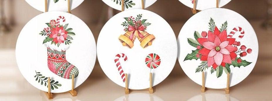 Christmas Placemat|Set of 6 Xmas Supla Table Mat|Red Poinsettia Round Dining Underplate|Floral Xmas Bell and Xmas Socks Winter Coasters Set