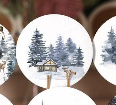 Winter Trend Placemat|Set of 6 Xmas Supla Table Mat|Snow, Pine Tree and Deer Print Round Dining Underplate|House under Snow Winter Coasters