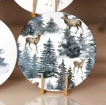 Winter Trend Placemat|Set of 6 Xmas Supla Table Mat|Snow, Pine Tree and Deer Print Round Dining Underplate|House under Snow Winter Coasters