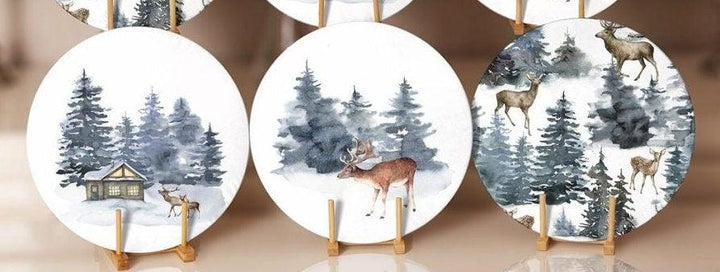 Winter Trend Placemat|Set of 6 Xmas Supla Table Mat|Snow, Pine Tree and Deer Print Round Dining Underplate|House under Snow Winter Coasters