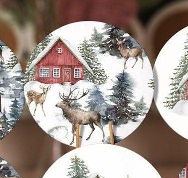 Winter Trend Placemat|Set of 6 Xmas Supla Table Mat|Snow, Deer and Pine Tree Print Round Dining Underplate|House and Snow Winter Coaster Set