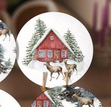 Winter Trend Placemat|Set of 6 Xmas Supla Table Mat|Snow, Deer and Pine Tree Print Round Dining Underplate|House and Snow Winter Coaster Set