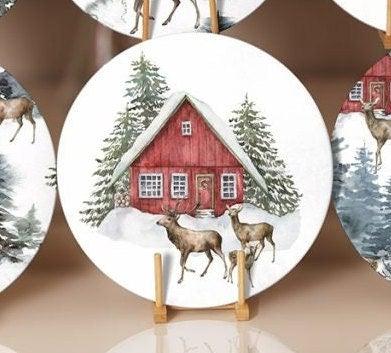 Winter Trend Placemat|Set of 6 Xmas Supla Table Mat|Snow, Deer and Pine Tree Print Round Dining Underplate|House and Snow Winter Coaster Set