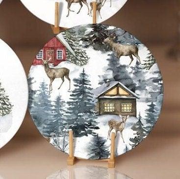 Winter Trend Placemat|Set of 6 Xmas Supla Table Mat|Snow, Deer and Pine Tree Print Round Dining Underplate|House and Snow Winter Coaster Set