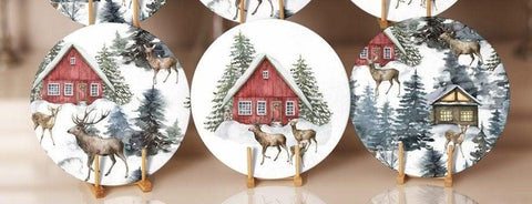 Winter Trend Placemat|Set of 6 Xmas Supla Table Mat|Snow, Deer and Pine Tree Print Round Dining Underplate|House and Snow Winter Coaster Set