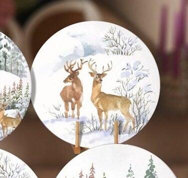 Winter Trend Placemat|Set of 6 Xmas Supla Table Mat|Snow, Deer and Pine Tree Print Round Dining Underplate|Snow House Winter Coaster Set