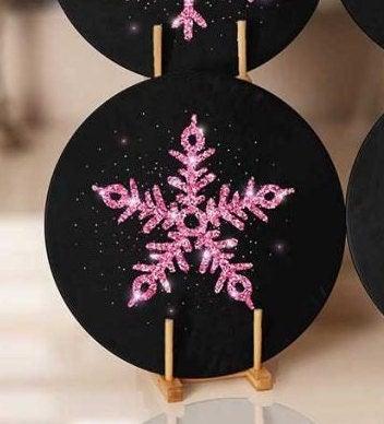 Winter Trend Placemat|Set of 6 Xmas Supla Table Mat|Snowflake Print Round Dining Underplate|Black Purple Geometric Snowflake Winter Coasters